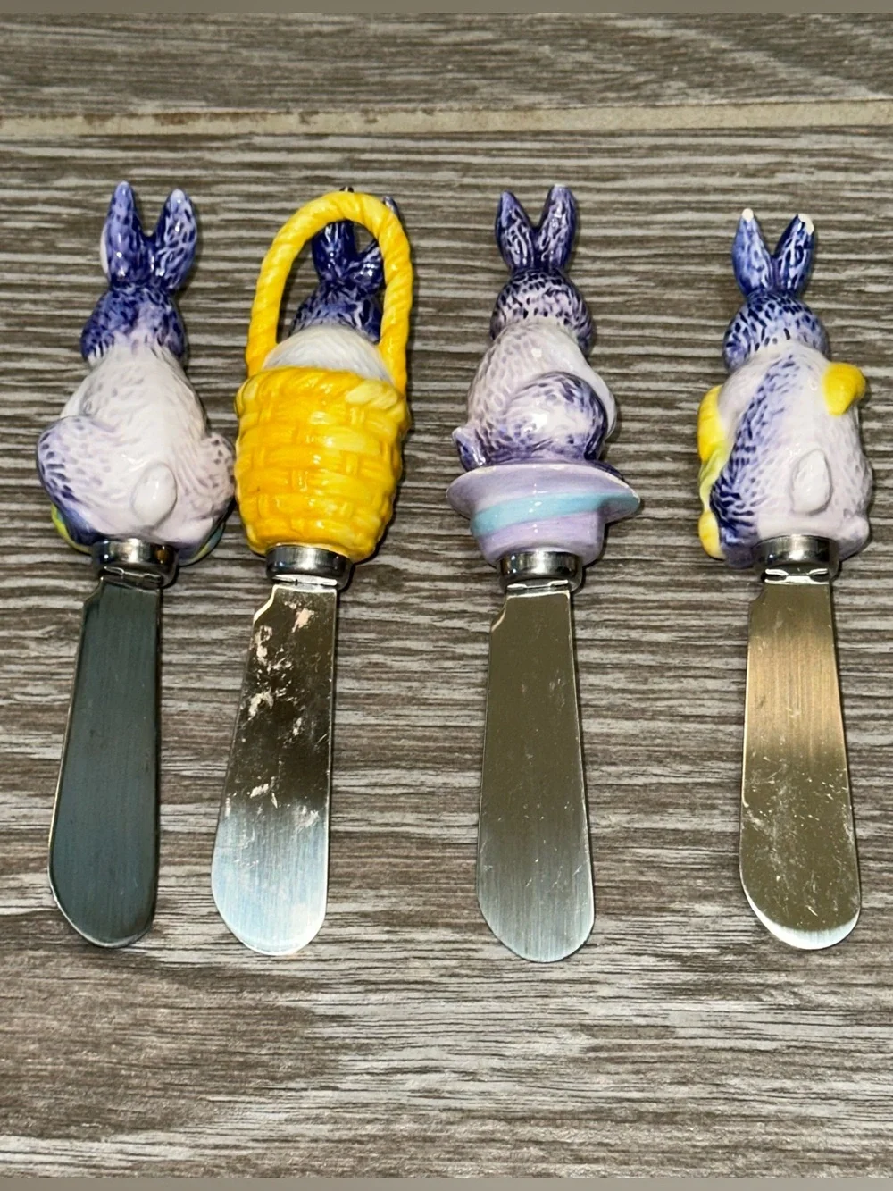 Easter Bunny Cheese Butter Spreaders Set/4 Basket Eggs Handles Stainless Steel